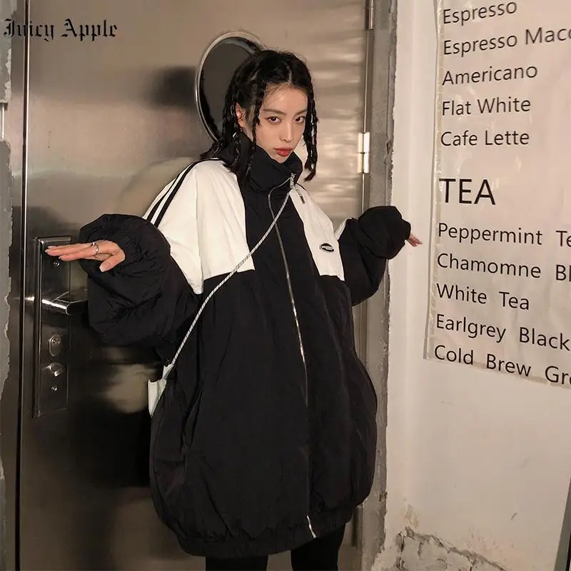 Winter Coat 2022 For Women Black Patchwork Casual Thicken Zippers Pockets Couple Loose Leisure Female Harajuku Streetwear Parkas