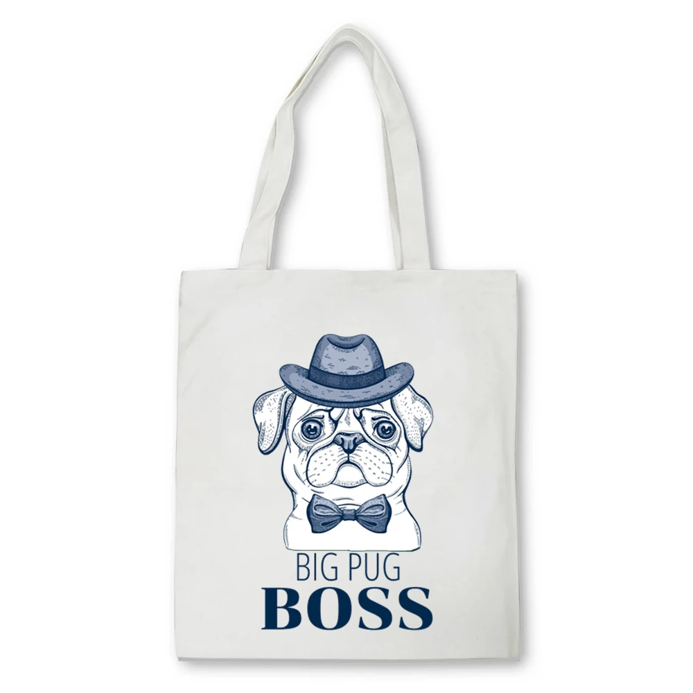 

Cartoon big pug Printing handbag Cute pet dog Kawaii Women Elegant Canvas Bag men Large Capacity tote bag Shopper bag