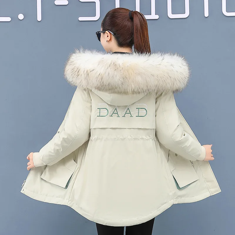Autumn Winter New Women Parka Cotton Clothing Design Mid-length Down Jacket Plus Velvet Warm Big Fur Collar Solid Color Coats