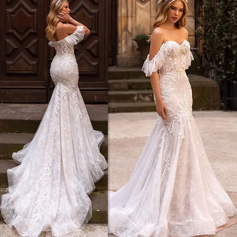

Luxury Cap Sleeves Lace Mermaid Wedding Dress 2022 Backless Tulle Bridal Gown With Train Sexy Backless Bow Vestidos De Noiva