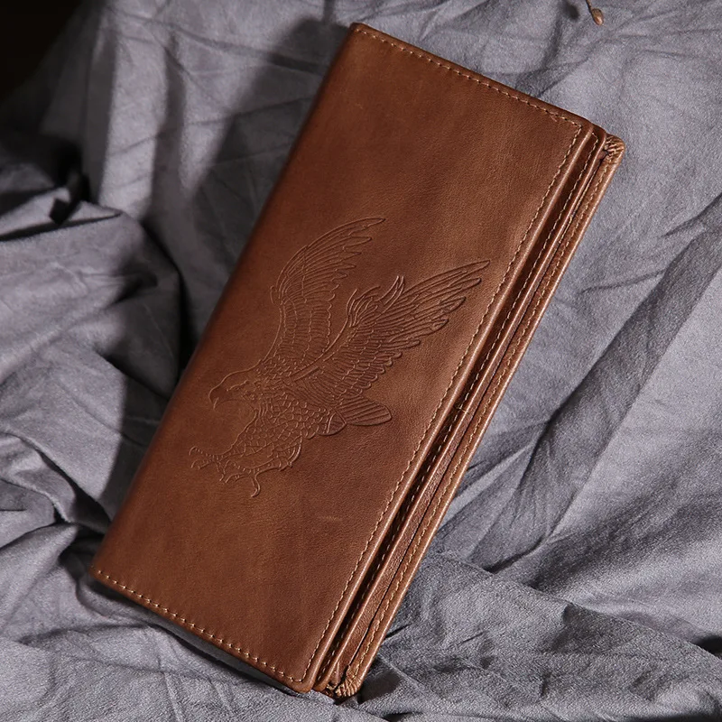 

Длинный кошелек Eagle Design из вощеной кожи для мужчин и женщин, держатель для карт, двойного сложения, для монет, унисекс, с кармашком для узора, из натуральной кожи