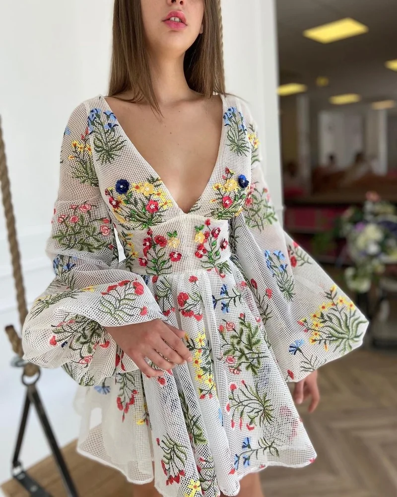

Women's New Mesh Embroidery Sexy Cute Lantern Sleeve Dress Floral Embroidery Sexy V-neck Dress 2022 Cute Mini Vintage Dress
