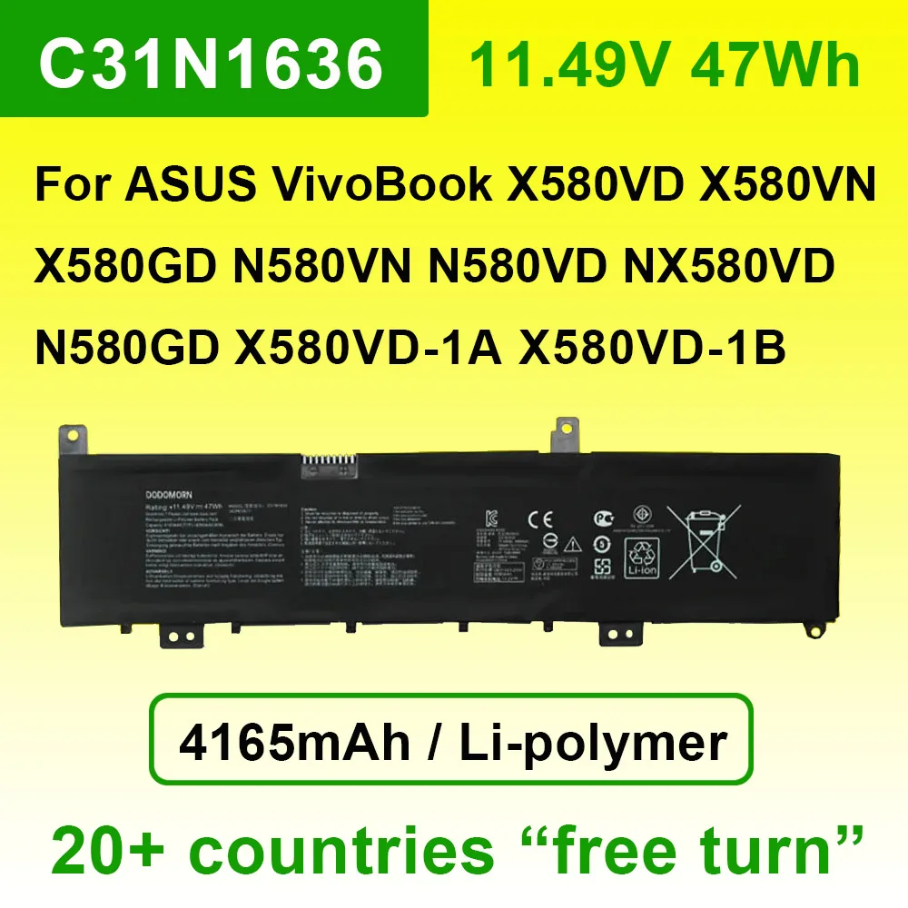 11 49 V 47Wh 4165mAh C31N1636 Аккумулятор для ноутбука ASUS VivoBook X580VD X580VN X580GD N580VN N580VD NX580VD N580GD