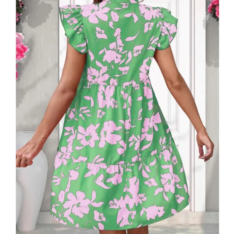 Свежее и милое женское платье с цветочным принтом новинка лета 2024 рукавами в виде