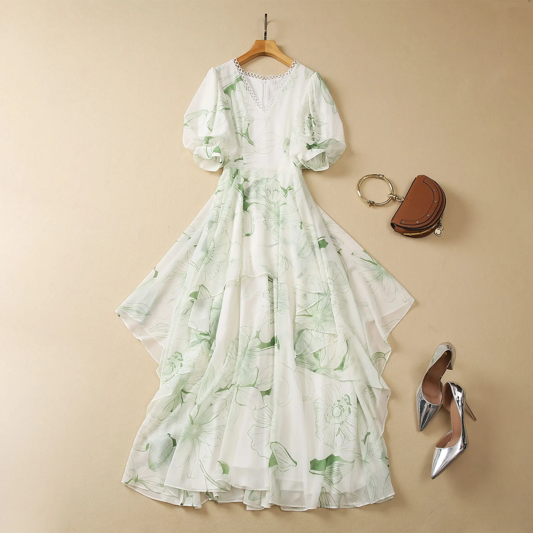 European and American women's clothes 2023 summer new Short sleeve V-neck print green Fashion Ruffled Pleated Dress