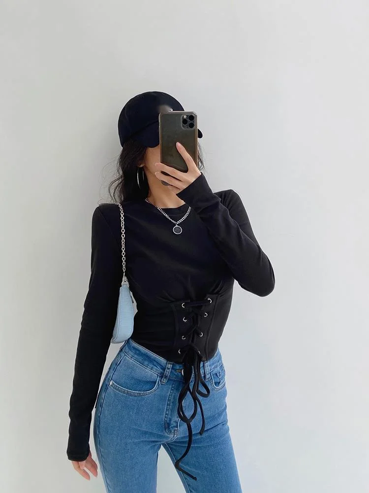 

Simple Casual WOMEGAGA Style High Waist Slim Long Sleeve Short T-shirt Women's Solid Color Round Neck Slim Fashion Top YSYJ