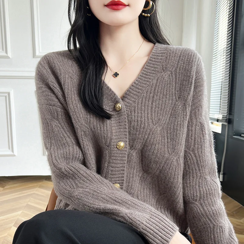 Autumn and Winter Cashmere Knitted Cardigan Women's Solid Color Jacquard Wool Sweater Retro Long Sleeve Coat Top Fash