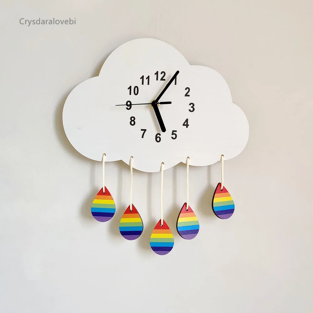 INS Nordic Style Clouds With Raindrops Children's Room Mute Clock Pendulum Clock Wooden Wall Wall Clock