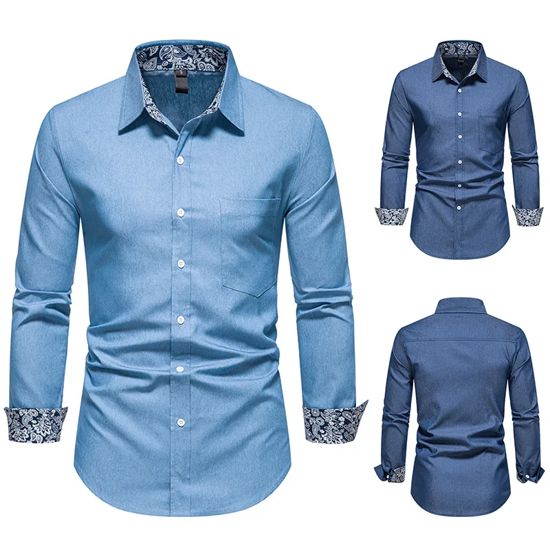 Long Sleeve Denim Shirts Fashion Men's Contrast Color Slim Fashion Men's Button-Up Shirts 2022 New Business Professional Shirts