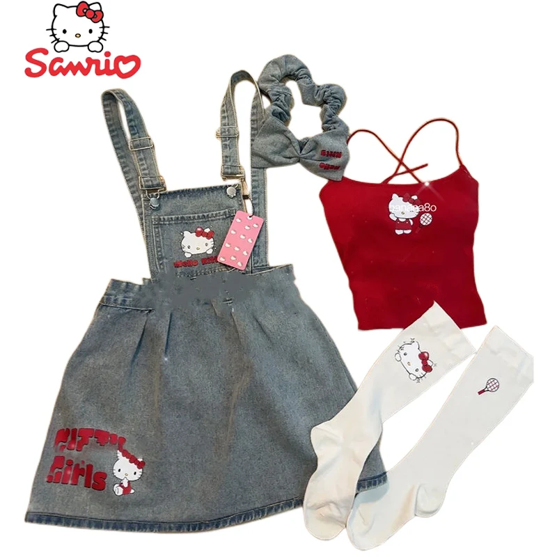 

Хлопковый кроп-топ Sanrios Hellokittys, женская футболка с милым мультяшным рисунком из аниме, милая универсальная летняя Новинка с коротким рукавом