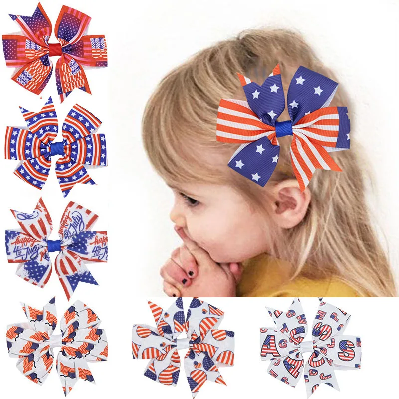 

2Pcs/lot Grosgrain Ribbon Bow Hair Clips American Flag Bow Knot Boutique Independence Day Hair Accessories for Girls Headwear