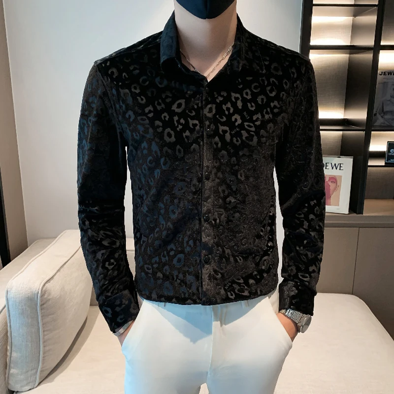Luxury Leopard Pattern Velvet Shirts For Men Autumn Winter Long Sleeve Slim Casual Mens Printed Shirt Brand Formal Male Clothing