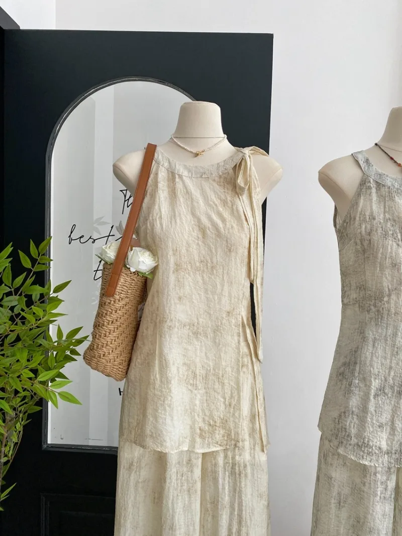 Новинка лета 2024 стильная маленькая рубашка Miiiix с завязкой на шее и широкие брюки