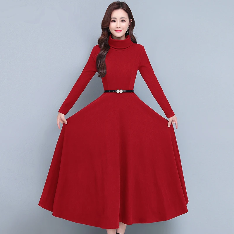 

Elegant Autumn Winter Flannel Dress Women Warm Thick Turtleneck Maxi Long Dress Fashion Ladies Evening Party Dresses Female Robe