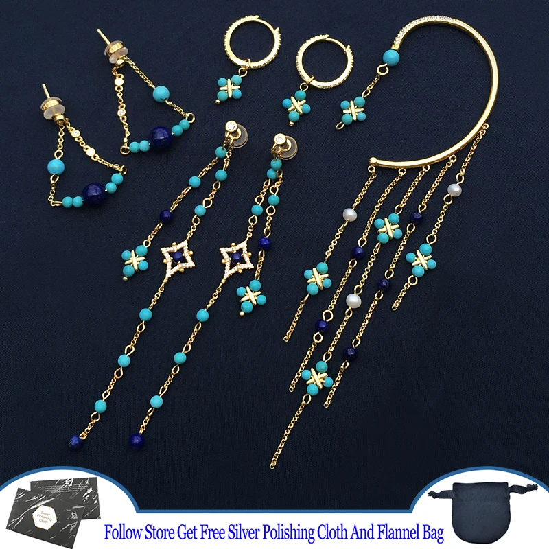 

Turquoise Star Shaped Gold Blue Stone Earrings S925 Sterling Silver Tribal Bohemian Style Women Banquet Party Premium Jewelry