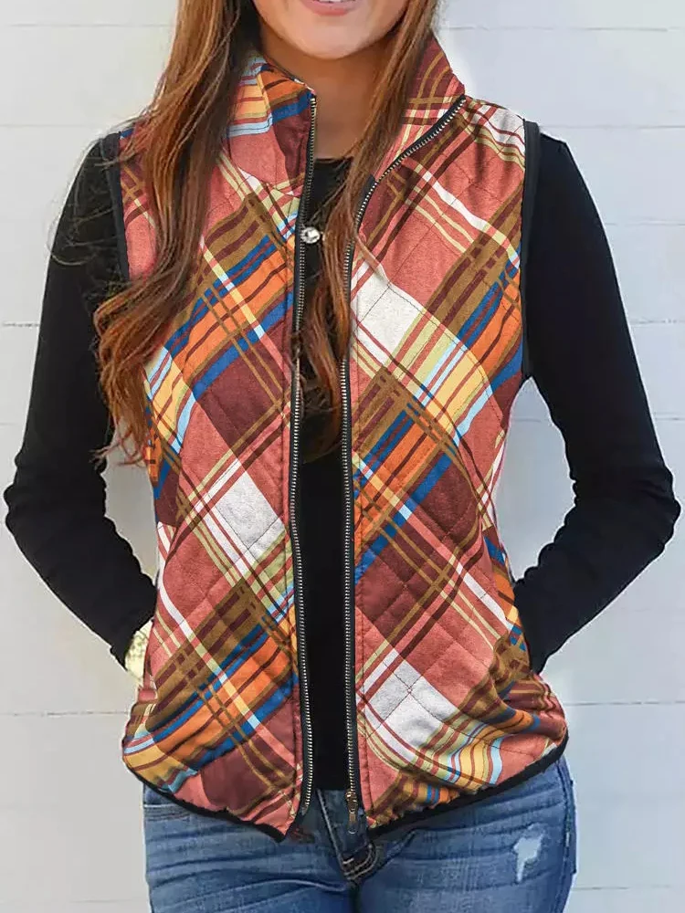 

Colorful Check Print Women Sleeveless Pockets Zipper Jacket Vest Top Windproof Vest Outdoor Sports Jacket Vest