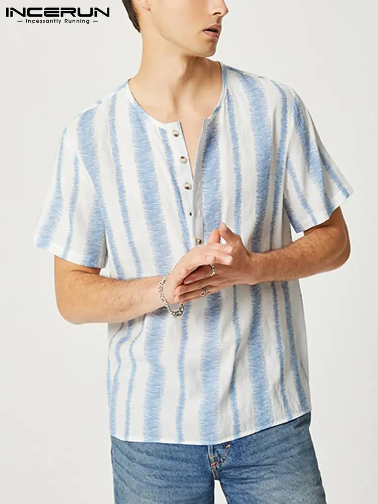 

INCERUN Men Striped Shirt Stand Collar Short Sleeve Streetwear Casual Camisa Masculina 2022 Summer Vacation Button Tops S-5XL