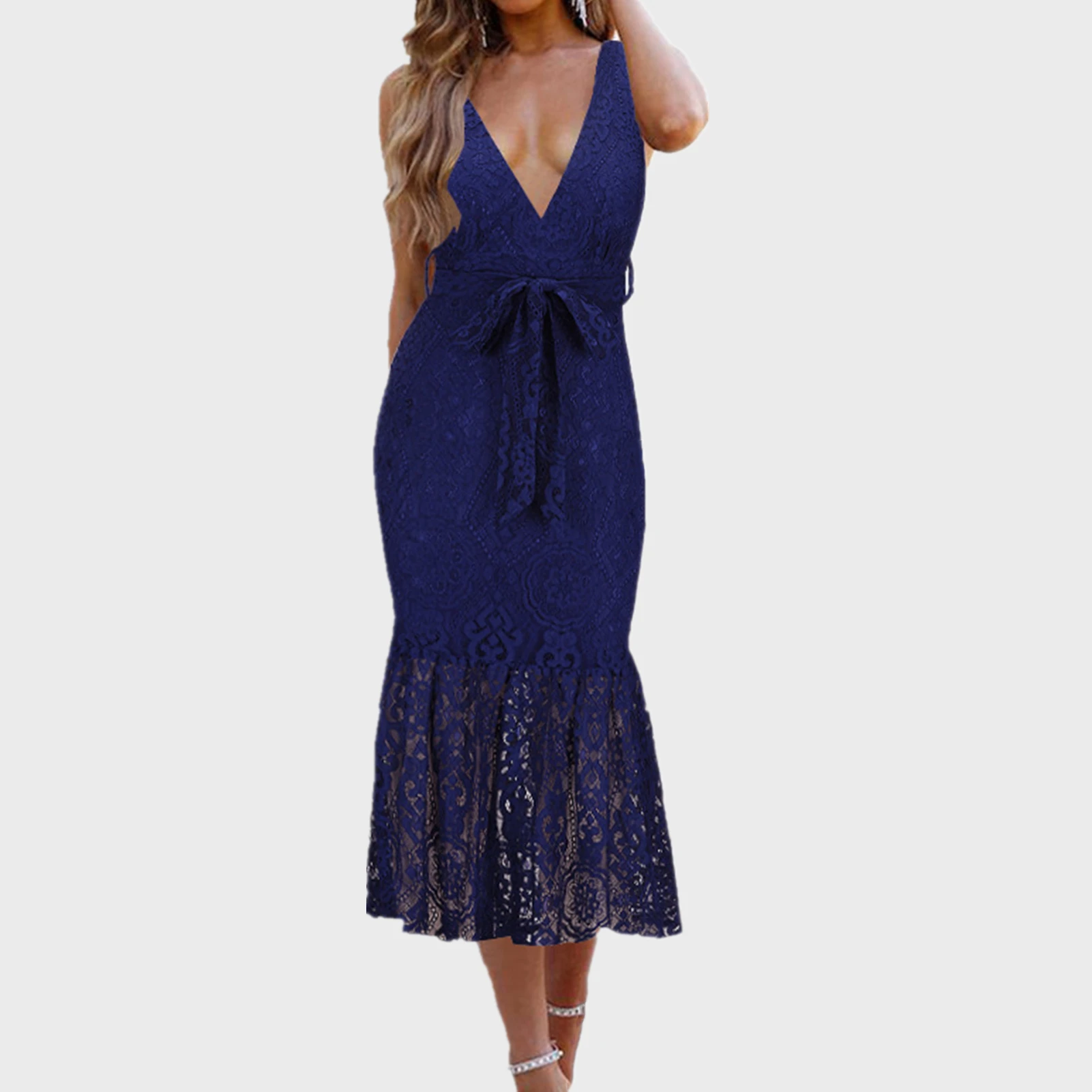 Femininos de Verão Profundo com Decote em v sem Mangas Vestido sem Costas Vestidos de Renda Vestidos Sexy Festa Midi