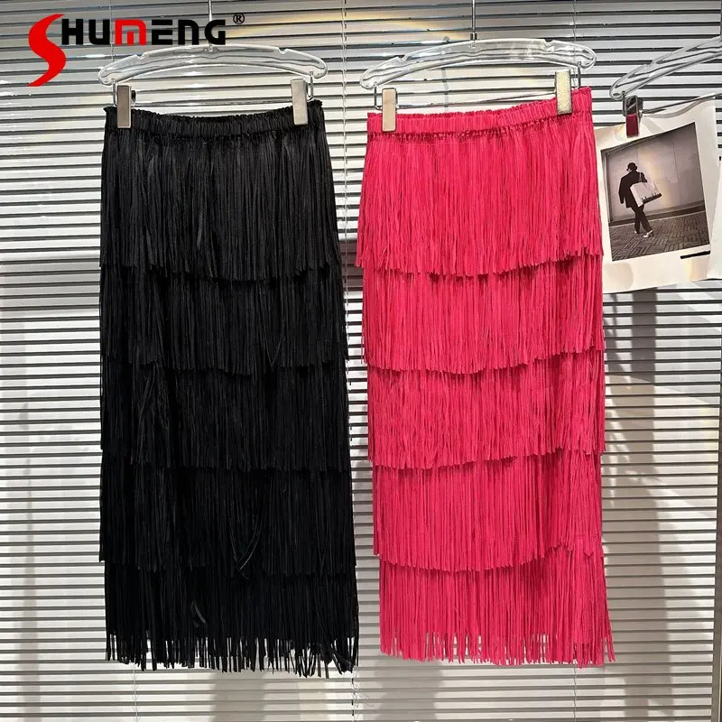 

2023 Summer New Non-Mainstream Style Straight Skirt Multi-Layer Tassel Special Design Elastic Waist Mid-Length Skirt