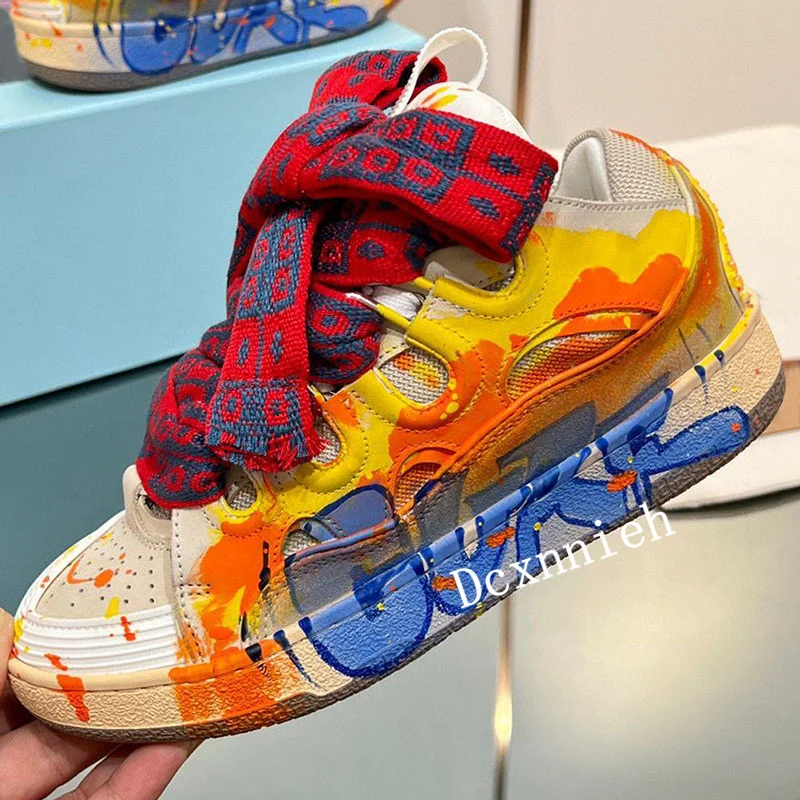 z prawdziwej skóry Graffiti grube podeszwy obuwie mieszane kolory wszechstronne trampki wiosenne oddychające sznurowane płaskie buty unisex