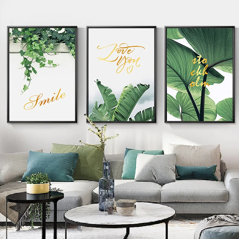 

Natural Banana Green Leaves Canvas Painting Wall Art Hand Painted Gold Letter Wall Art Print Poster Living Room Home Decoration