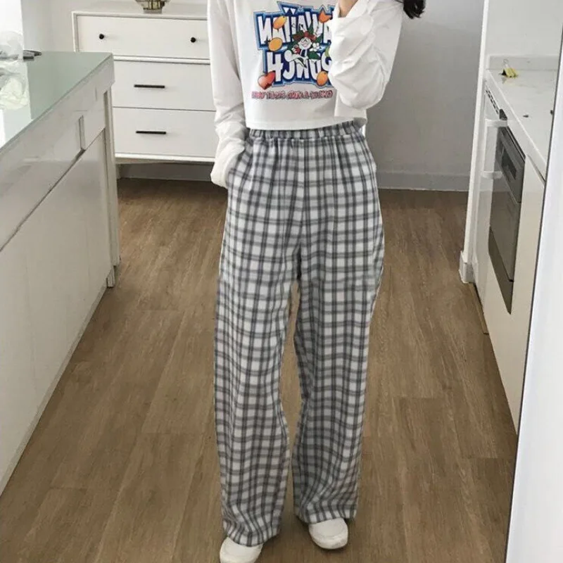 

Harajuku Plaid Pants High Waist Loose Women Pants Elastic Waist Wide Pants Korean Fashion Oversize Pants Streetwear