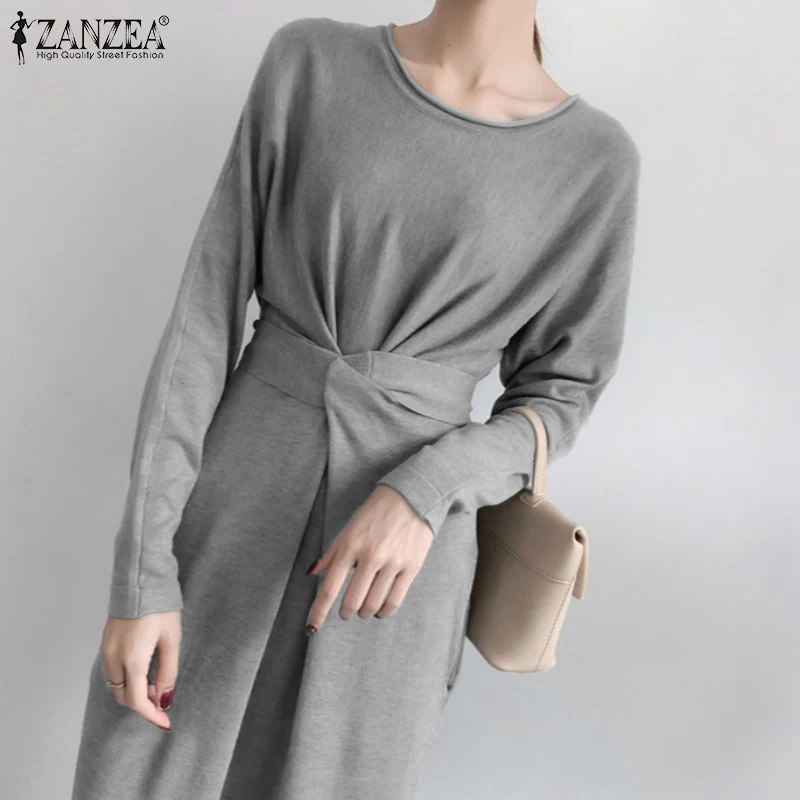 

Платье ZANZEA женское средней длины на шнуровке, ассиметричный Повседневный Однотонный сарафан с длинным рукавом и разрезом, большие размеры, ...