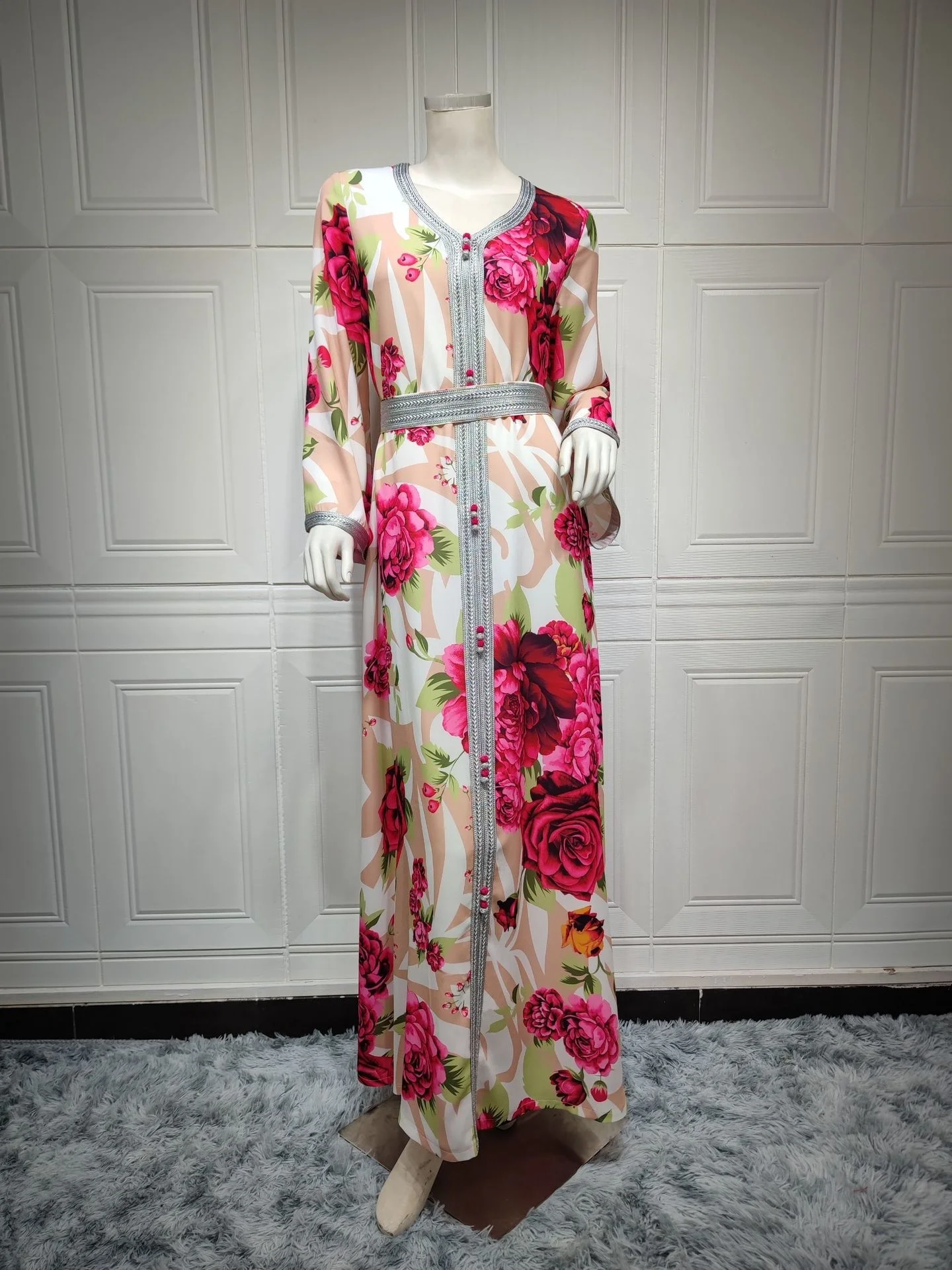 Muslin Kaftan Middle East Dubai Pink Print Dress Abaya V-neck Turkey Women Jalabiya Ramadan 2023 Long Dress Moroccan Caftan