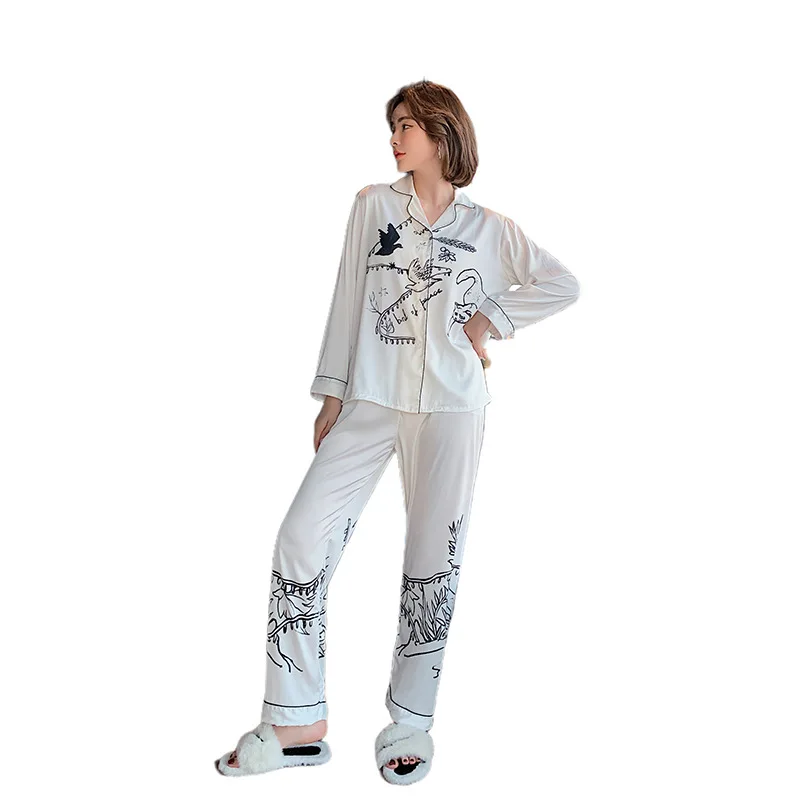 Women's Pajamas Set Luxury Style Fashion Natural Animal Graffiti Sleepwear Silk Like Leisure Home Clothes Nightwear