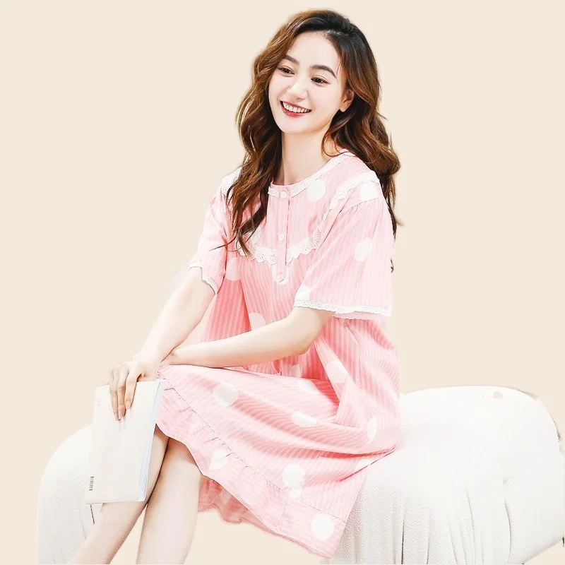 Summer Casual Women's Plaid Nightdress For Women Elastic Cotton Flower Nightgown O-Neck Short Sleeve Nightwear Fashion Clothes
