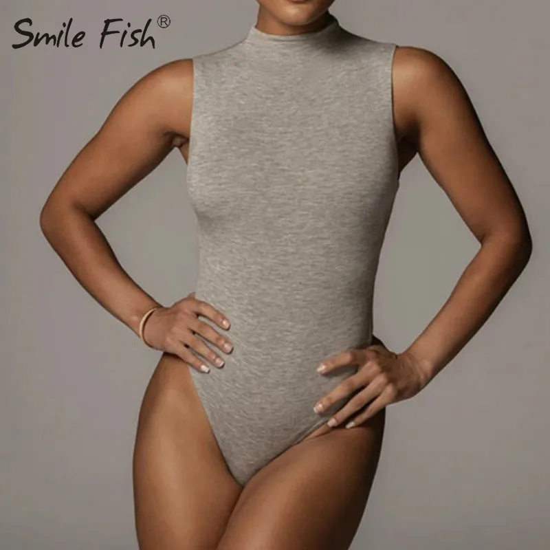 

Black Body Mujer Sleeveless Turtleneck Bodysuit Women Sexy Shoulder Body Cotton Zipper Casual Basic Rompers Overalls G2111