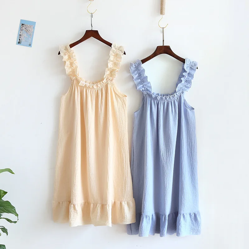Ladies Summer Cotton Yarn Cotton Thin Suspender Nightdress Loose Mid-length Sweet and Lovely Long Home Dress Camisola Sexy