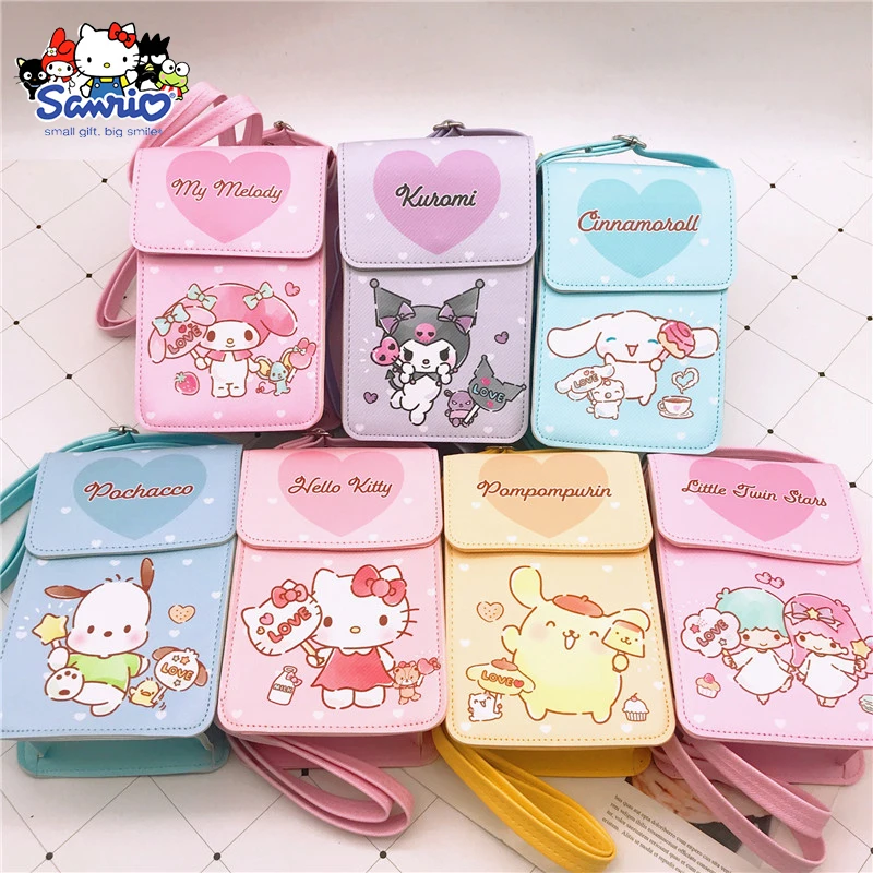 

Сумка для телефона Hello Kitty Kawaii Sanrio Cinnamoroll Mymelody Kuromi Новая сумка-мессенджер через плечо с магнитной застежкой мультяшный Аниме Сумка для хранения