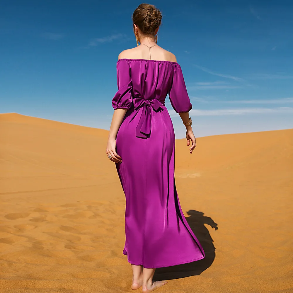 Women's Long Diamond Abaya Muslim Dress Solid Color With Belt Laftan Dubai Turkey Arab Islamic Moroccan Caftan Evening Dresses