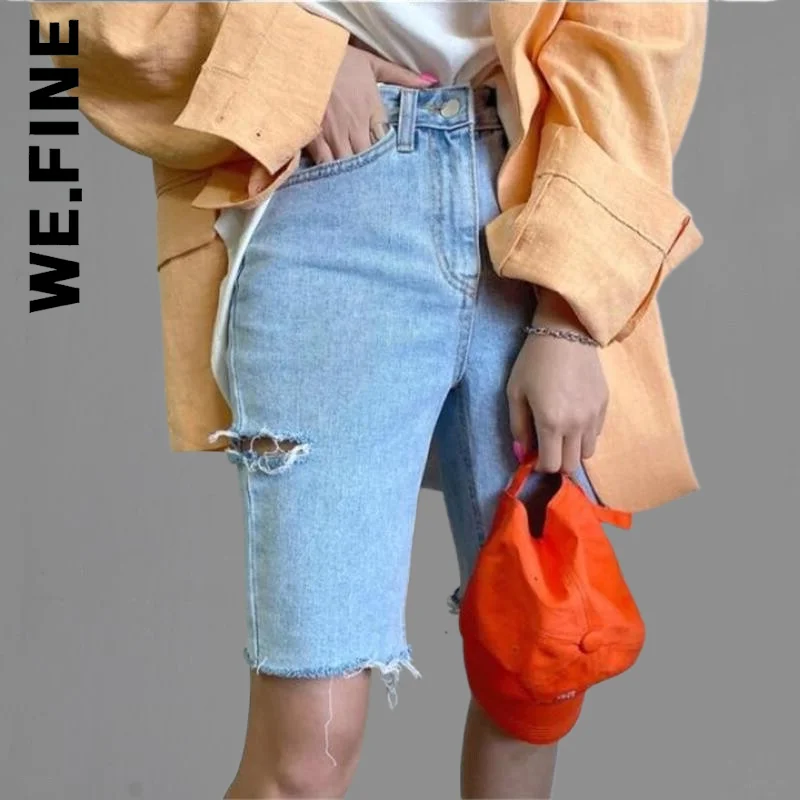 

We.Fine High Waist Riped Button Up Female Denim Shorts Jeans Femme 2022 Summer Casual Hot Shorts For Women Streetwear