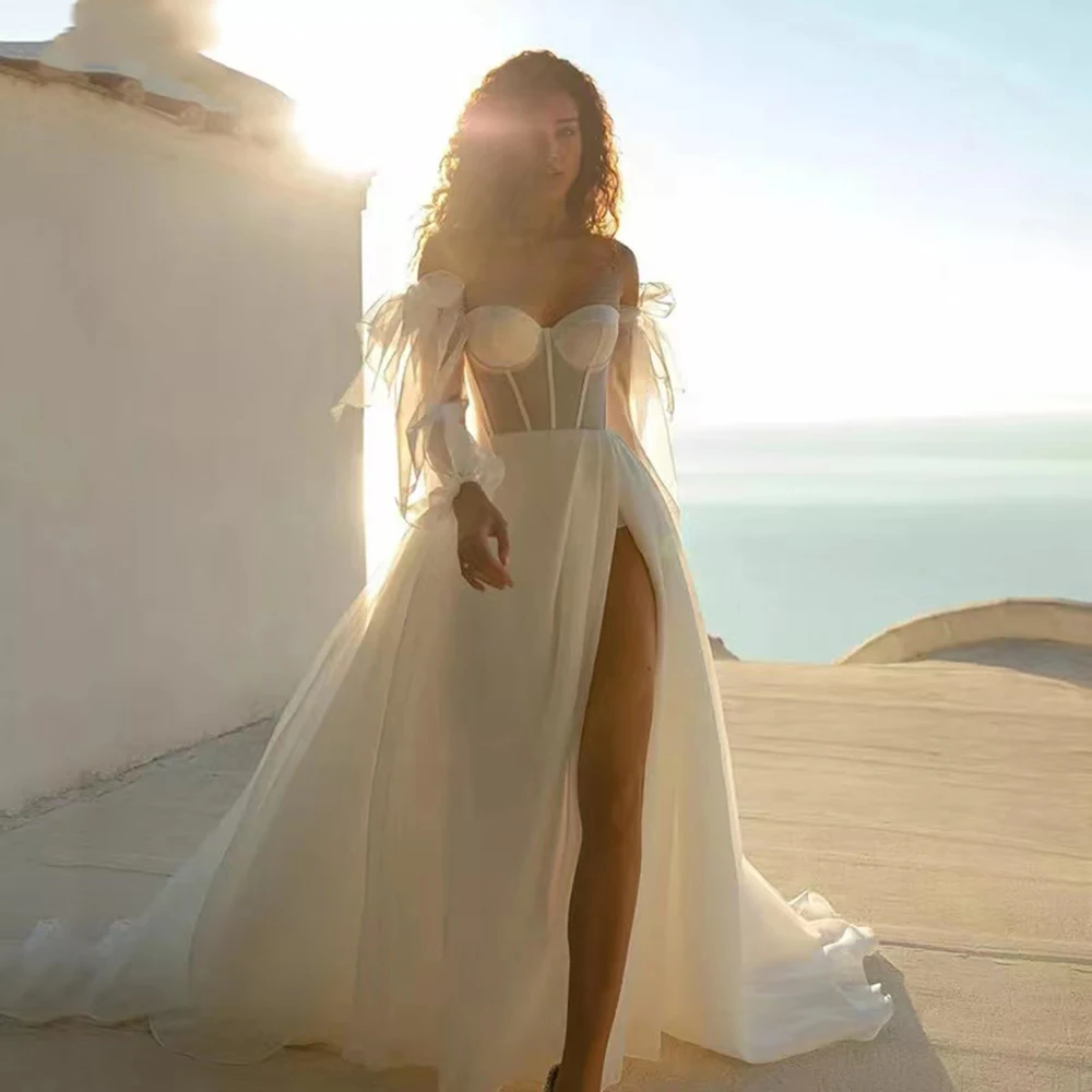 

2022 Princess Off Shoulder Wedding Dress Corset Lace Up Back Puffy Long Sleeve Bridal Beach Wedding Gowns Side Split