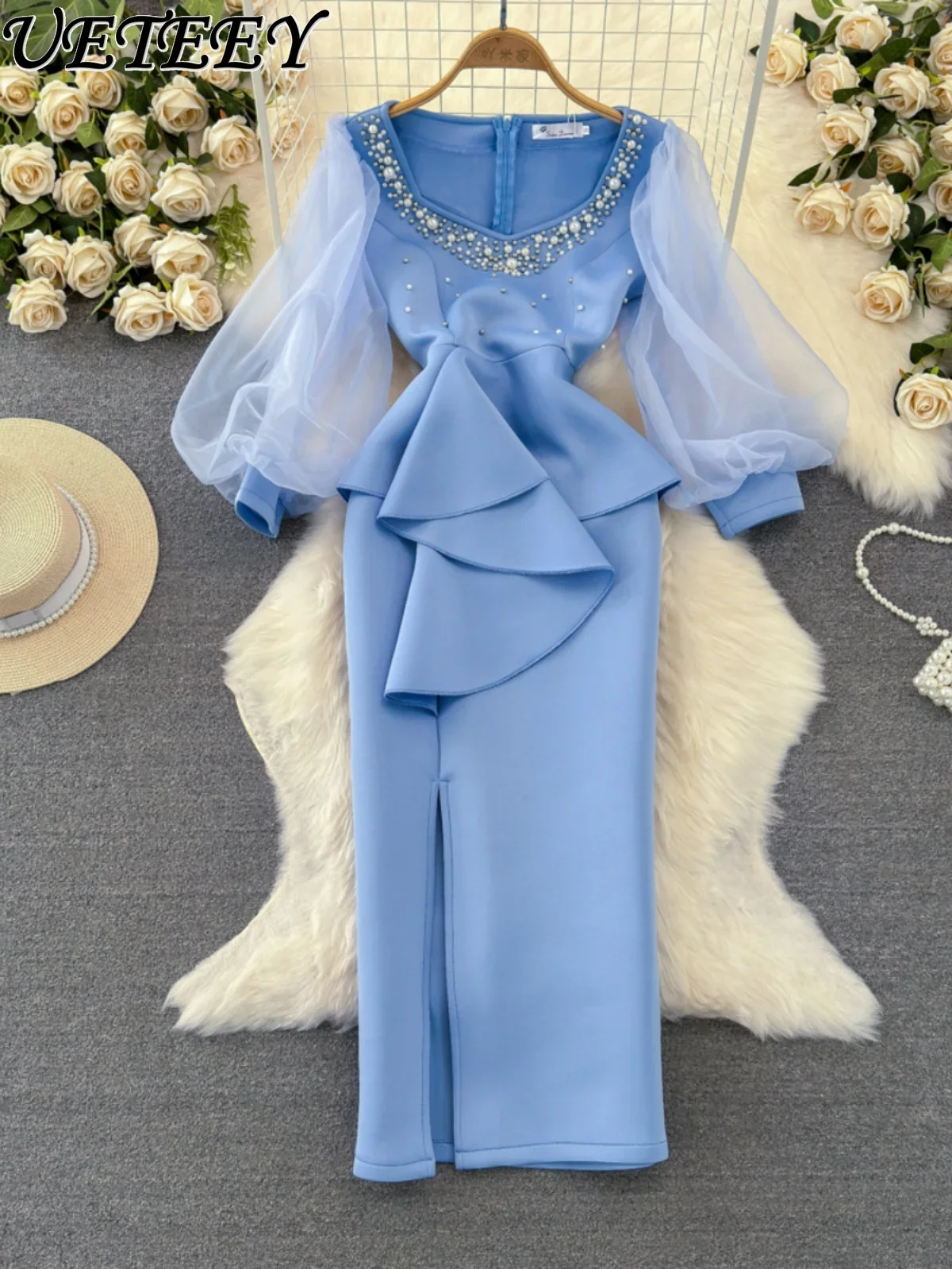 Элегантное женское платье-футляр макси с длинным рукавом-фонариком и квадратным