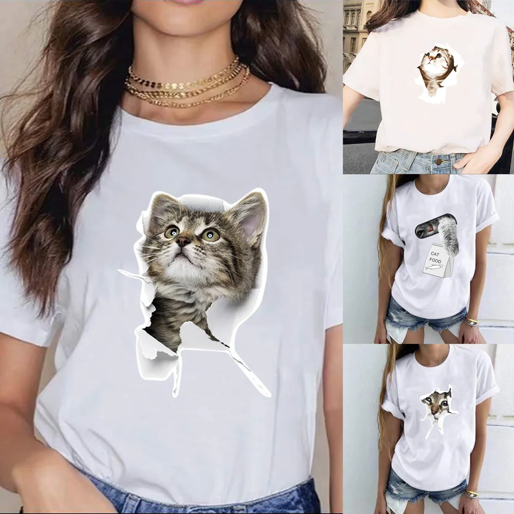 

Summer New Cute Cat Printed Short Sleeve T-Shirts Trend Clothing Women's T-Shirt Harajuku Graphic O-neck Pullover Top Women Tops