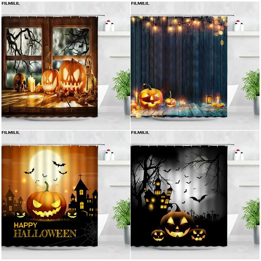 

Занавеска для душа на Хэллоуин, забавная тыква, фонарь, Ретро замок, летучая мышь, Ночной лес, пейзаж, тканевая занавеска для ванной, домашние...