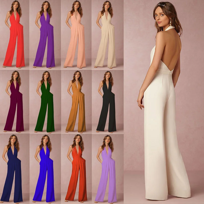 Elegant Office Lady Wide Leg Pants Overalls Casual Sleeveless Halter Women Jumpsuits 2022 Summer Backless Long Rompers