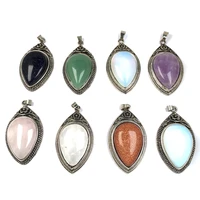 10pcsnatural stones agate rose quartz drop zinc alloy gold edge pendant for jewelry makingdiy necklace accessorie gem charm gift