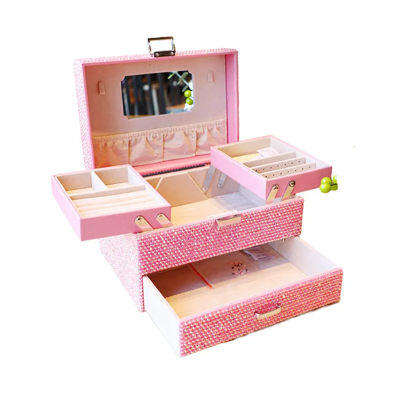 

Kawaii Sanriod Anime Peripheral Kitty Cartoon Full Diamond Flash Diamond Multilayer Jewelry Box Jewelry Box Storage Box