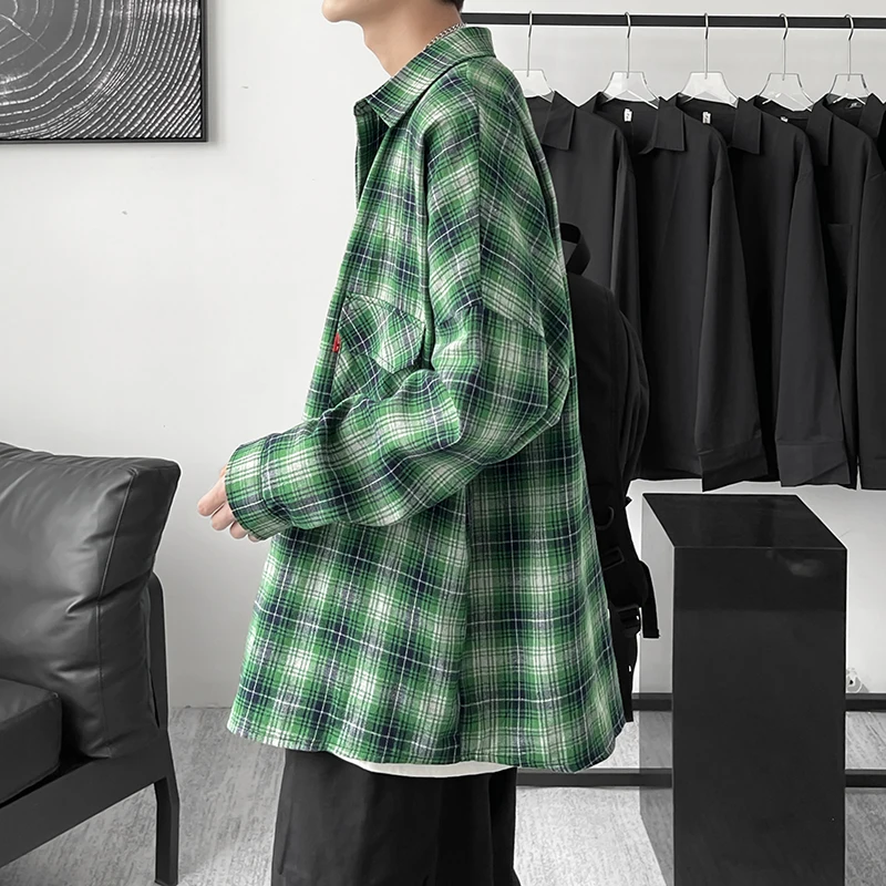 EOENKKY/Spring Japanese Fashion Plaid Shirt Men's Casual Loose Long-sleeved Shirt Harajuku Street Large Size Retro Men's Top