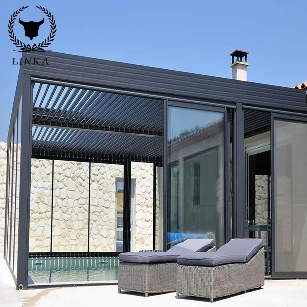 

Modern Home Manufacturer Patio Outdoor Automatic Aluminum louver Pergola with Opening louve waterproof carports led light sun