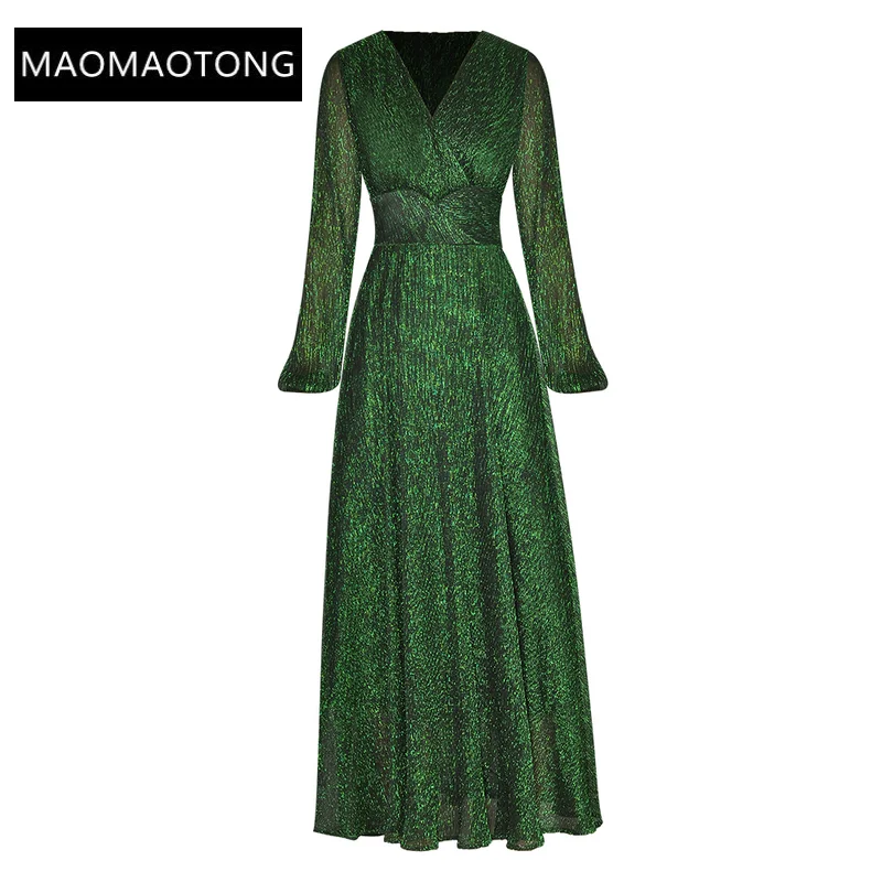 

Dresses For Women 2022 Elegant High Quality Luxury brand Autumn V-Neck Lantern Sleeve Shiny Gold Filigree High Waist maxi Dress