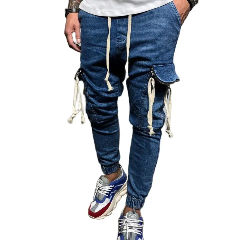 Men's Fashion Washed Denim Trousers Mid-waist Drawstring Slim-fit Jeans Jogging Pants Waist Zipper Stretch Jeans Casual Slim