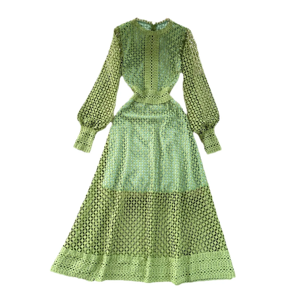 Женское кружевное платье с длинным рукавом-фонариком средней длины