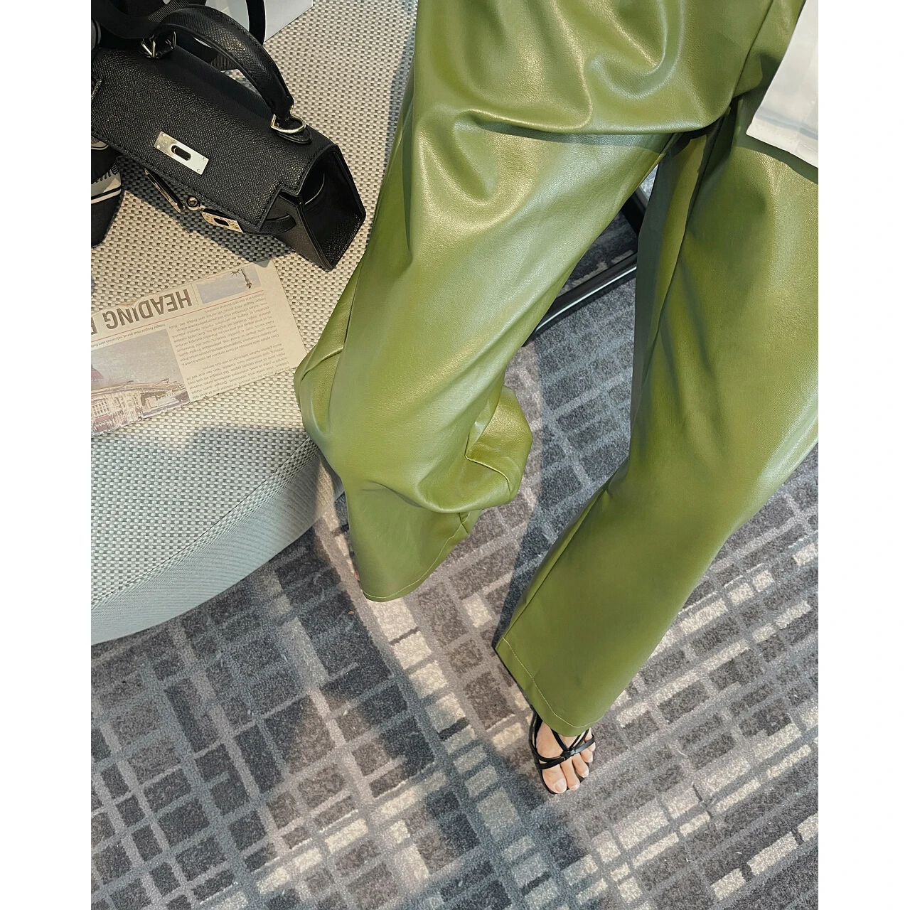 

Pu Faux Woman Clothes Streetwear Za Y2k Fashion Vintage Capri Casual Wide Leather Trousers Oem Pants 2022 Leg Korean Cargo Green