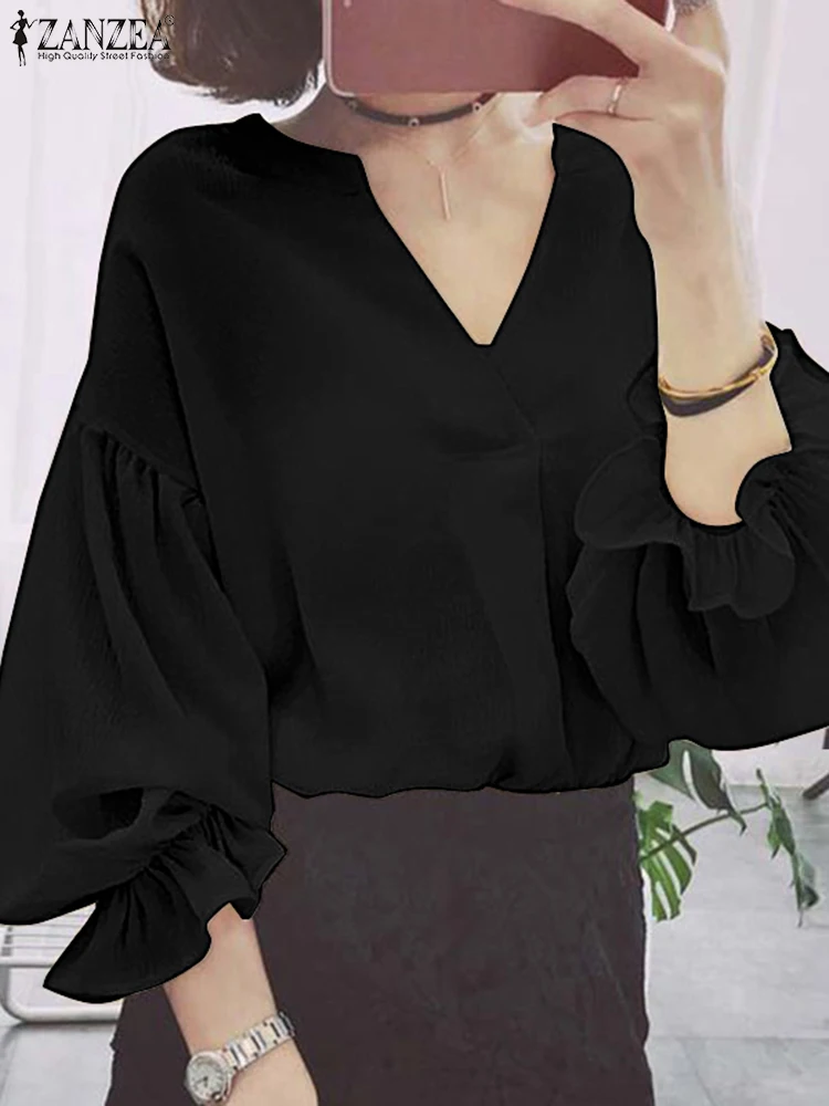 

V-Neck Solid Color Blouse Female 2022 ZANZEA Women Spring Puff Sleeve Bohemian Loose Casual Elegant Fashion Holiday Work Blusas