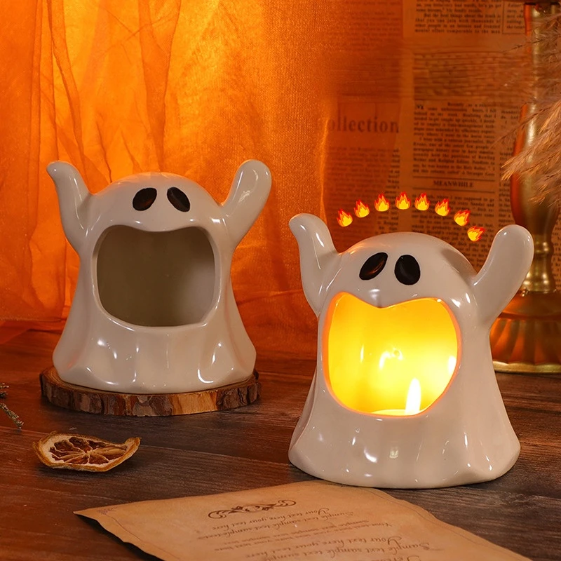 

Ceramic Halloween Ghost Candle Holder Candlestick Stand Rabbit Key Tray Organizer Room Decoration Home Table Scented Container